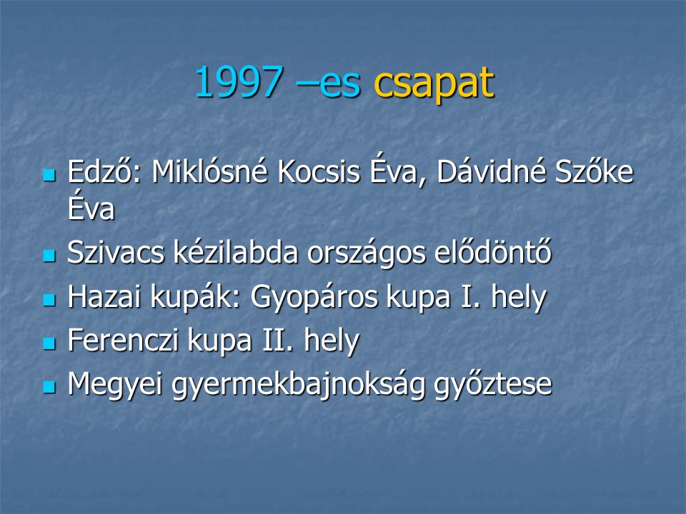 1997 –es csapat Edző: Miklósné Kocsis Éva, Dávidné Szőke Éva