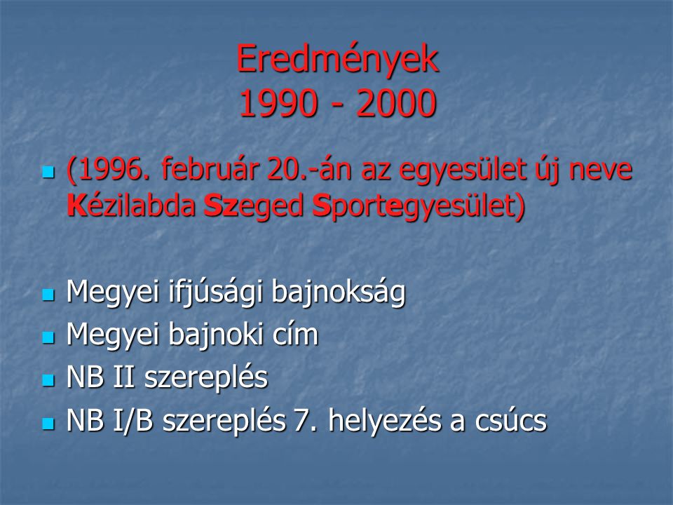 Eredmények (1996. február 20.-án az egyesület új neve Kézilabda Szeged Sportegyesület)