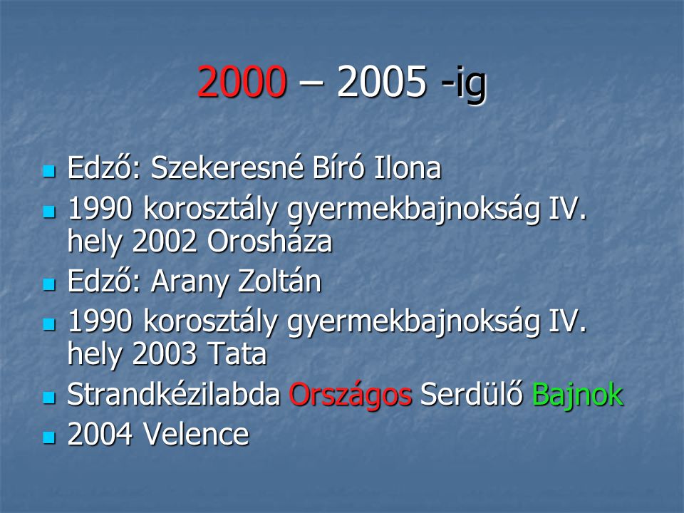 2000 – ig Edző: Szekeresné Bíró Ilona