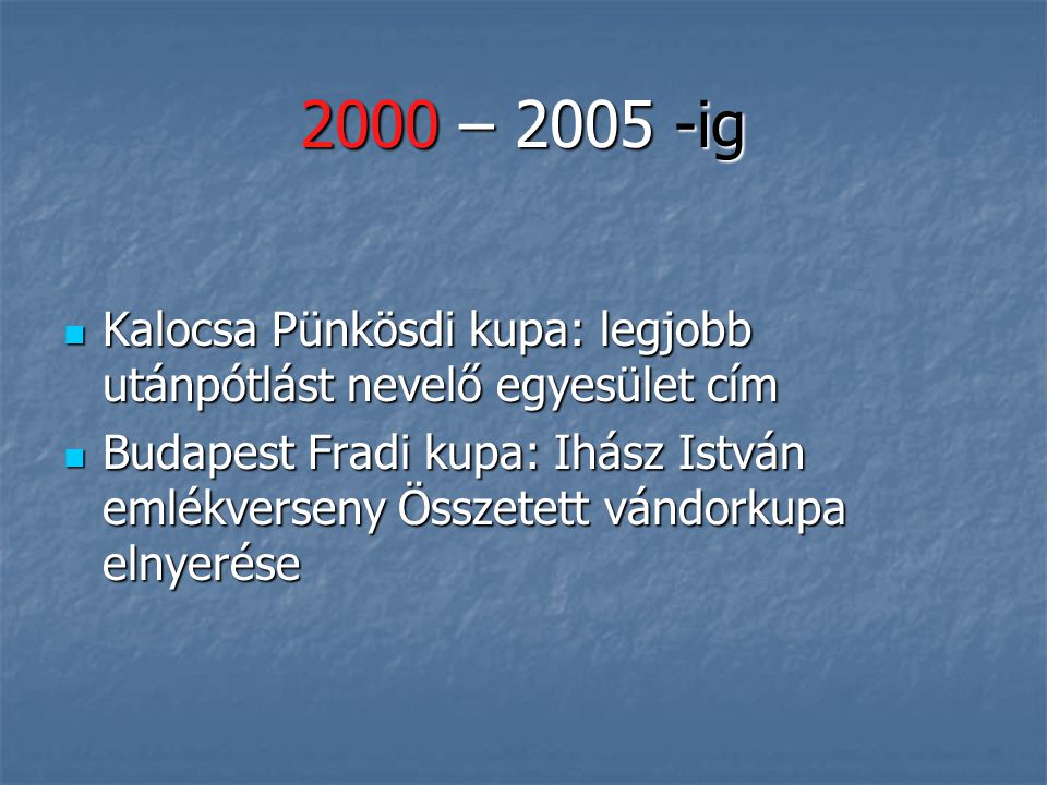 2000 – ig Kalocsa Pünkösdi kupa: legjobb utánpótlást nevelő egyesület cím.