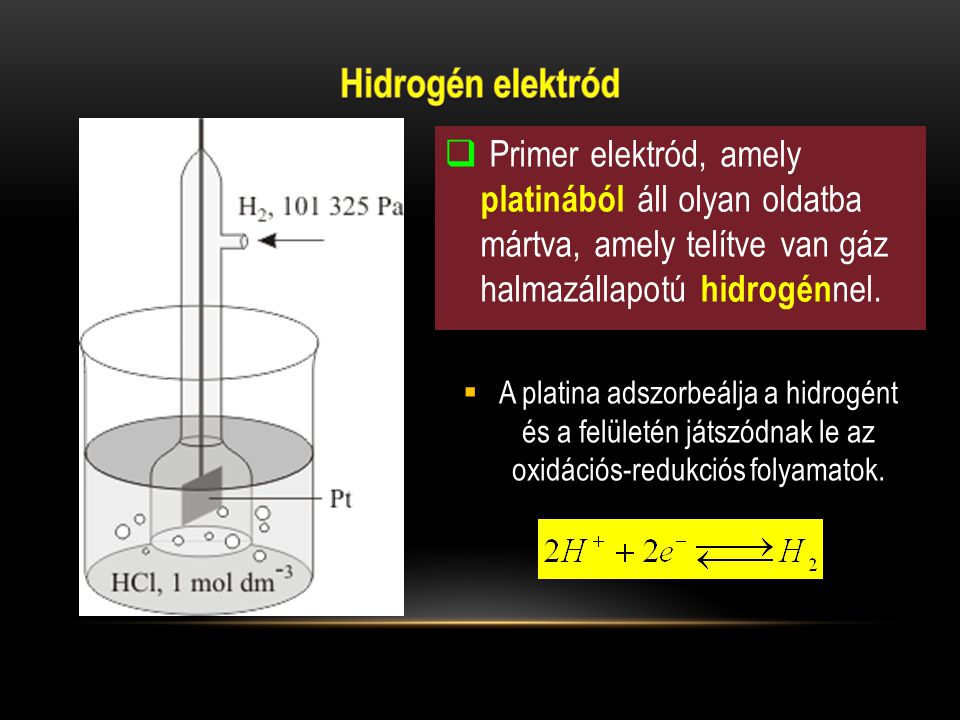 Hidrogén elektród Primer elektród, amely platinából áll olyan oldatba mártva, amely telítve van gáz halmazállapotú hidrogénnel.