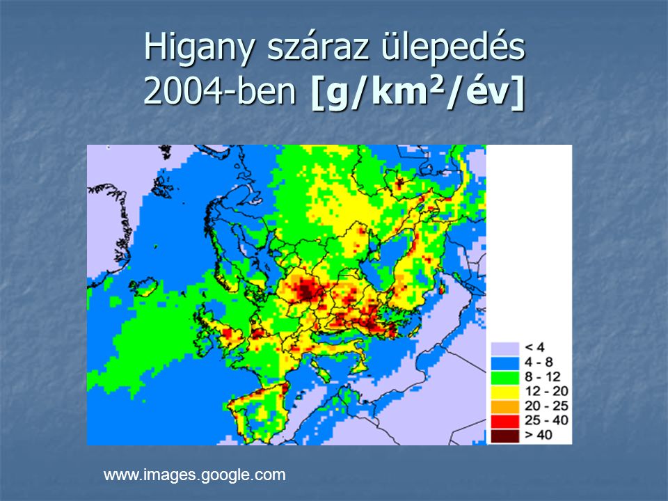 Higany száraz ülepedés 2004-ben [g/km2/év]