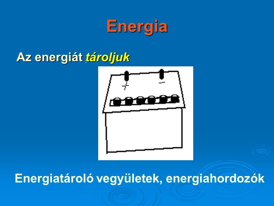 Energia Az energiát tároljuk Energiatároló vegyületek, energiahordozók