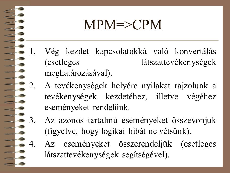 MPM=>CPM Vég kezdet kapcsolatokká való konvertálás (esetleges látszattevékenységek meghatározásával).