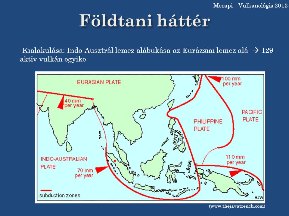 Merapi – Vulkanológia 2013 Földtani háttér. Kialakulása: Indo-Ausztrál lemez alábukása az Eurázsiai lemez alá  129 aktív vulkán egyike.