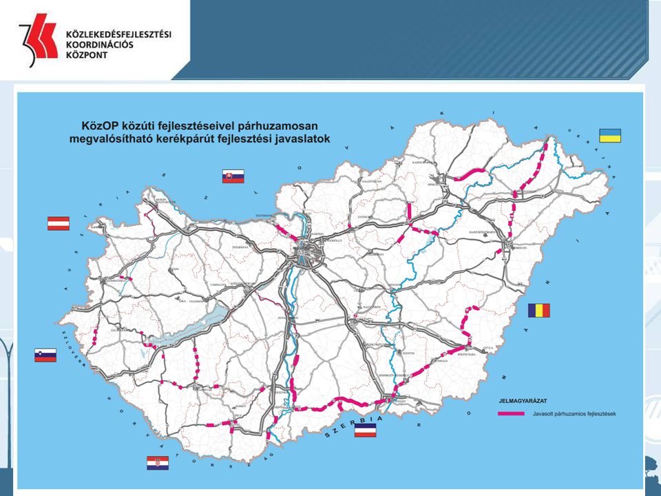 A következő térképen a közúthálózat azon szakaszai kerültek feltüntetésre, ahol a GKM felkérésére, egy 2007-ben a Közlekedésfejlesztési Koordinációs Központ által végzett tanulmány szerint indokolt lenne kerékpárút építése.