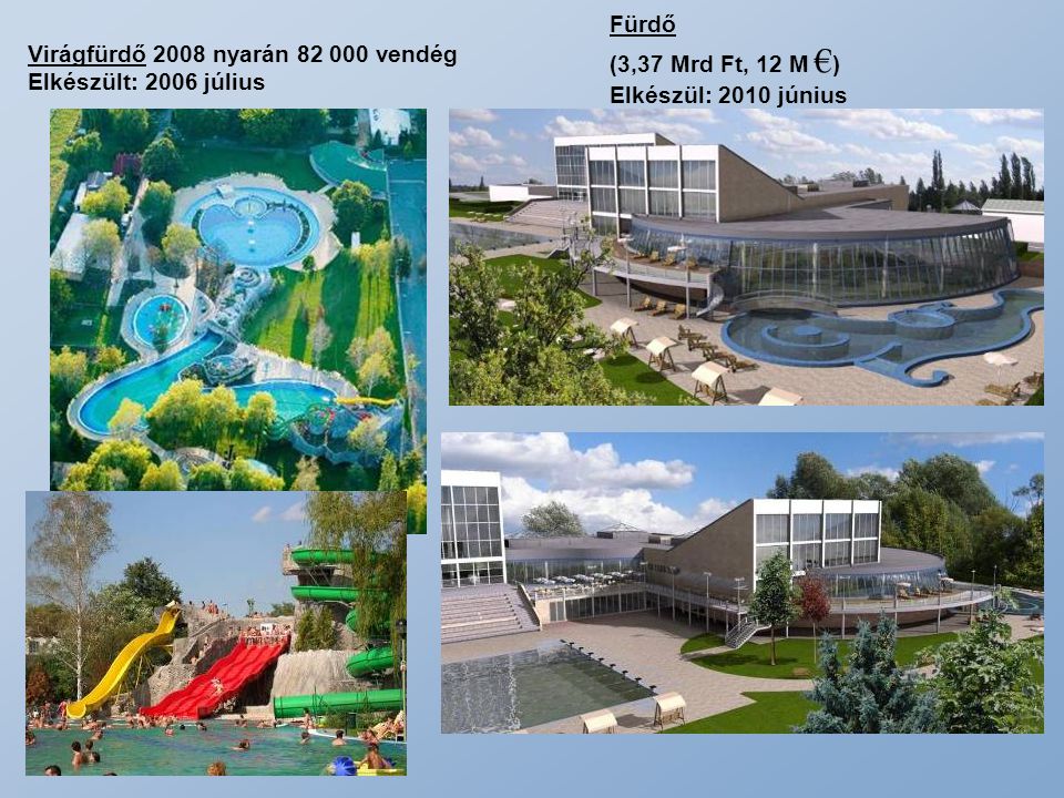 Fürdő (3,37 Mrd Ft, 12 M €) Elkészül: 2010 június