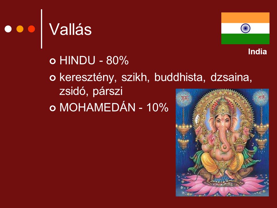 Vallás India HINDU - 80% keresztény, szikh, buddhista, dzsaina, zsidó, párszi MOHAMEDÁN - 10%