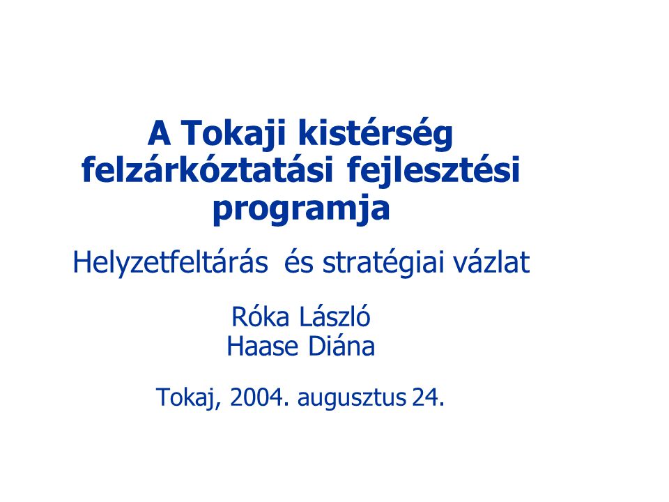 A Tokaji kistérség felzárkóztatási fejlesztési programja Helyzetfeltárás és stratégiai vázlat Róka László Haase Diána Tokaj, 2004.