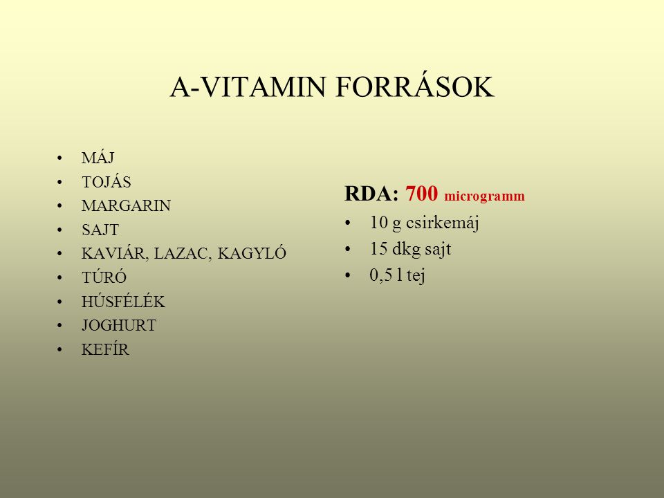 A-VITAMIN FORRÁSOK RDA: 700 microgramm 10 g csirkemáj 15 dkg sajt