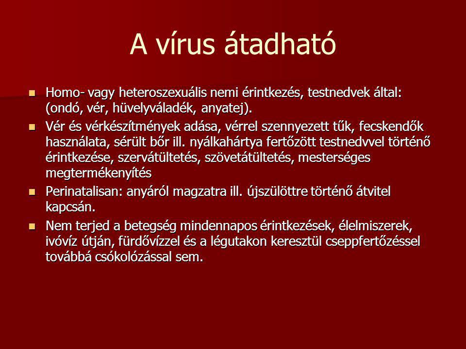 A vírus átadható Homo- vagy heteroszexuális nemi érintkezés, testnedvek által: (ondó, vér, hüvelyváladék, anyatej).