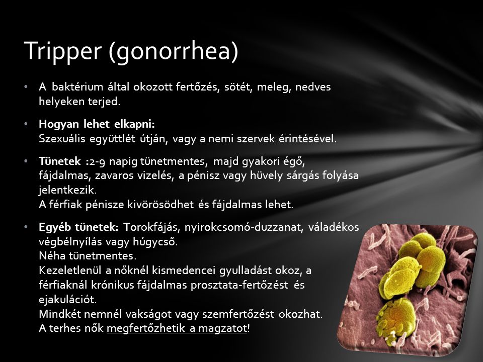 Tripper (gonorrhea) A baktérium által okozott fertőzés, sötét, meleg, nedves helyeken terjed.