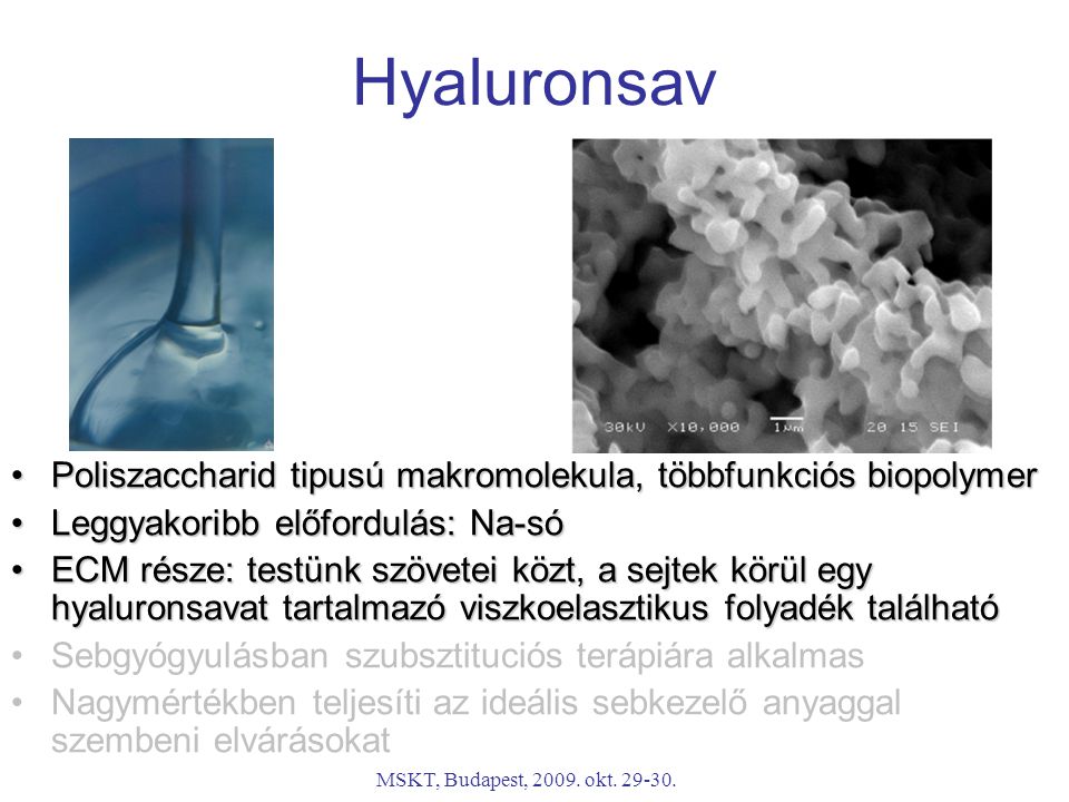 Hyaluronsav Poliszaccharid tipusú makromolekula, többfunkciós biopolymer. Leggyakoribb előfordulás: Na-só.