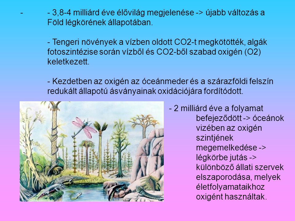 - 3,8-4 milliárd éve élővilág megjelenése -> újabb változás a Föld légkörének állapotában. - Tengeri növények a vízben oldott CO2-t megkötötték, algák fotoszintézise során vízből és CO2-ből szabad oxigén (O2) keletkezett. - Kezdetben az oxigén az óceánmeder és a szárazföldi felszín redukált állapotú ásványainak oxidációjára fordítódott.