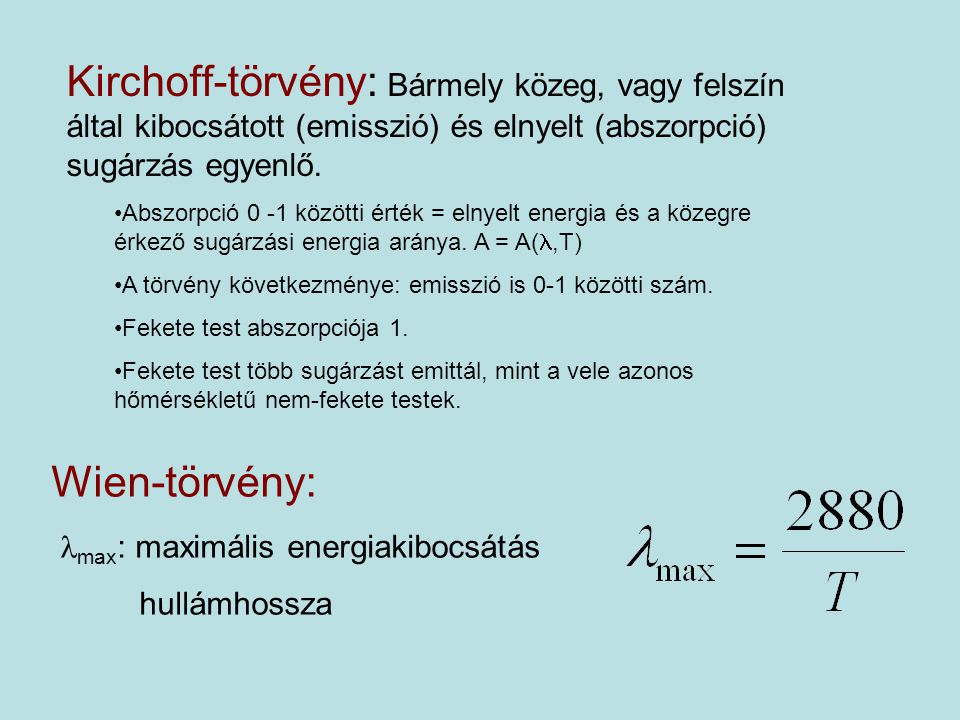 Kirchoff-törvény: Bármely közeg, vagy felszín által kibocsátott (emisszió) és elnyelt (abszorpció) sugárzás egyenlő.