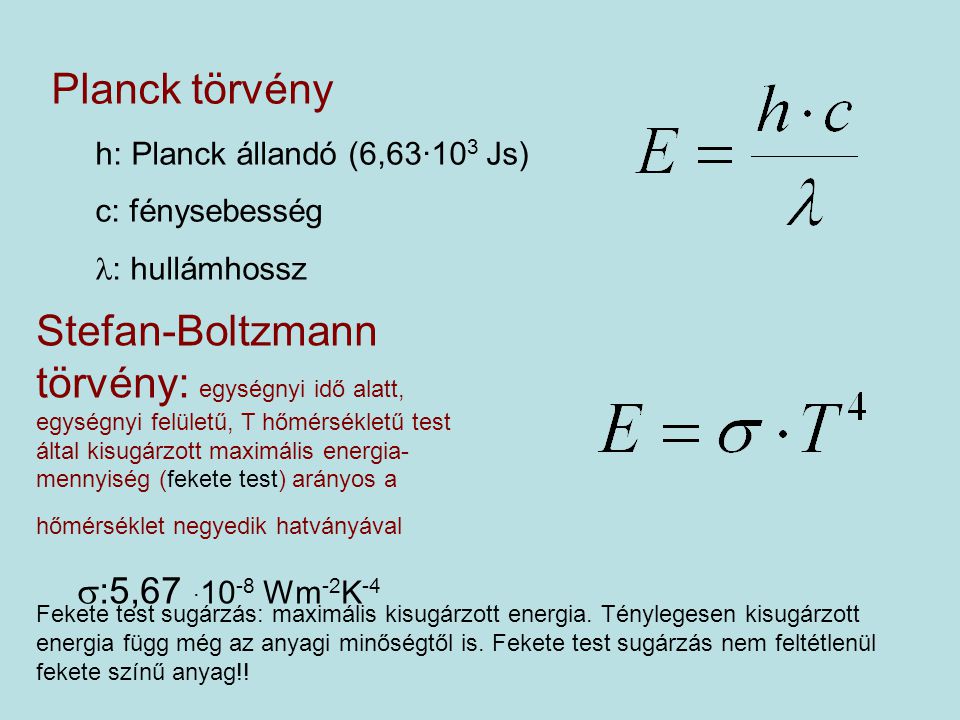 Planck törvény h: Planck állandó (6,63·103 Js) c: fénysebesség. : hullámhossz.