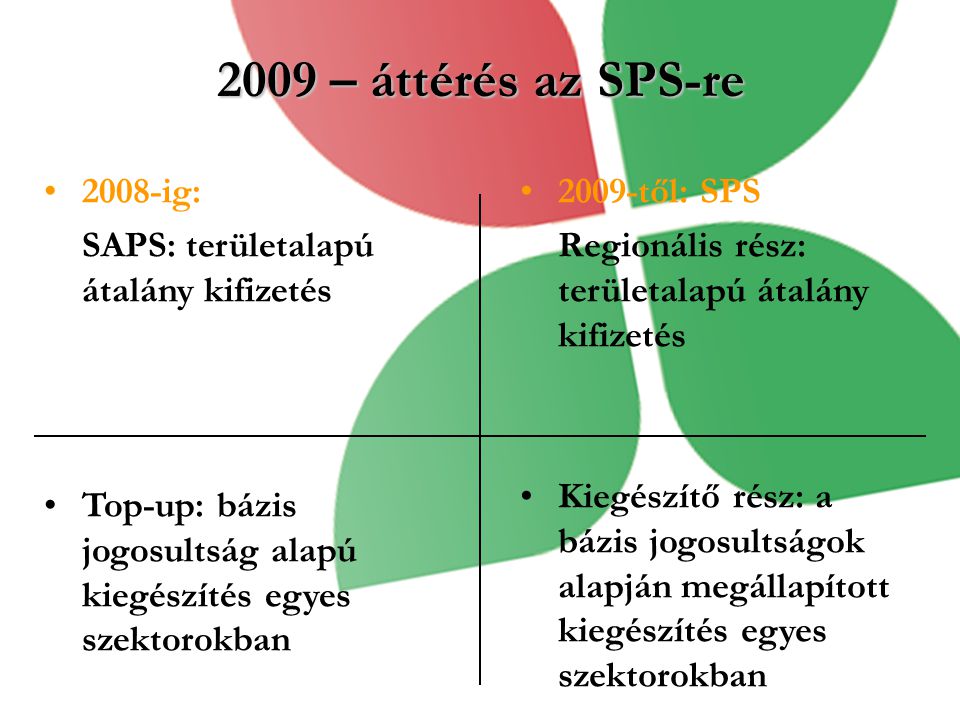 2009 – áttérés az SPS-re 2008-ig: SAPS: területalapú átalány kifizetés