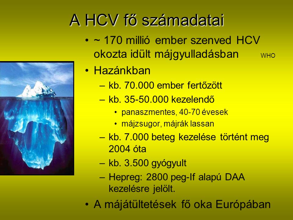 A HCV fő számadatai ~ 170 millió ember szenved HCV okozta idült májgyulladásban WHO. Hazánkban.