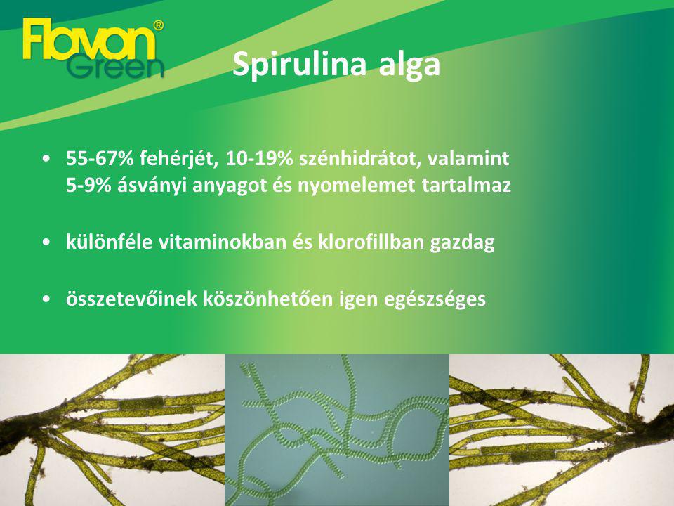 Spirulina alga 55-67% fehérjét, 10-19% szénhidrátot, valamint 5-9% ásványi anyagot és nyomelemet tartalmaz.