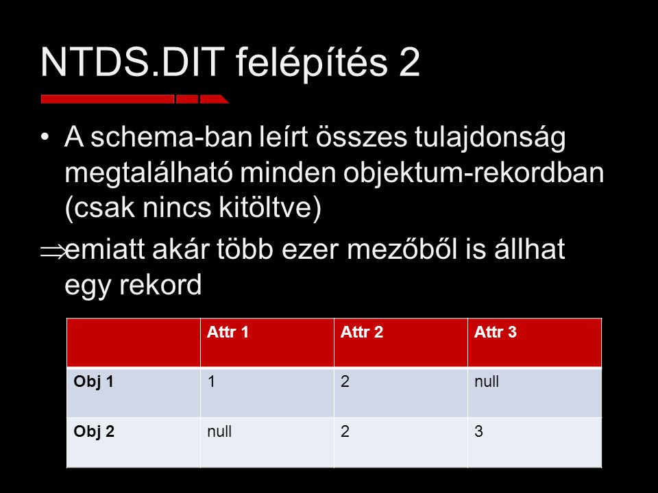 NTDS.DIT felépítés 2 A schema-ban leírt összes tulajdonság megtalálható minden objektum-rekordban (csak nincs kitöltve)