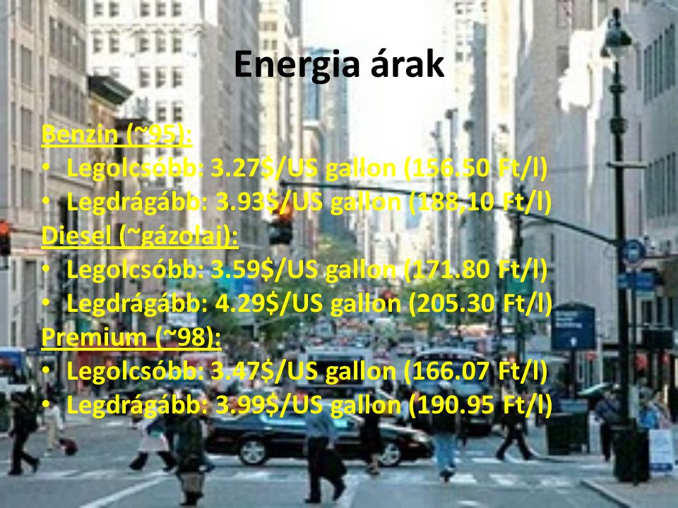 Energia árak Benzin (~95): Legolcsóbb: 3.27$/US gallon ( Ft/l)