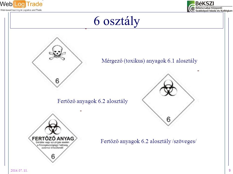 6 osztály Mérgező (toxikus) anyagok 6.1 alosztály