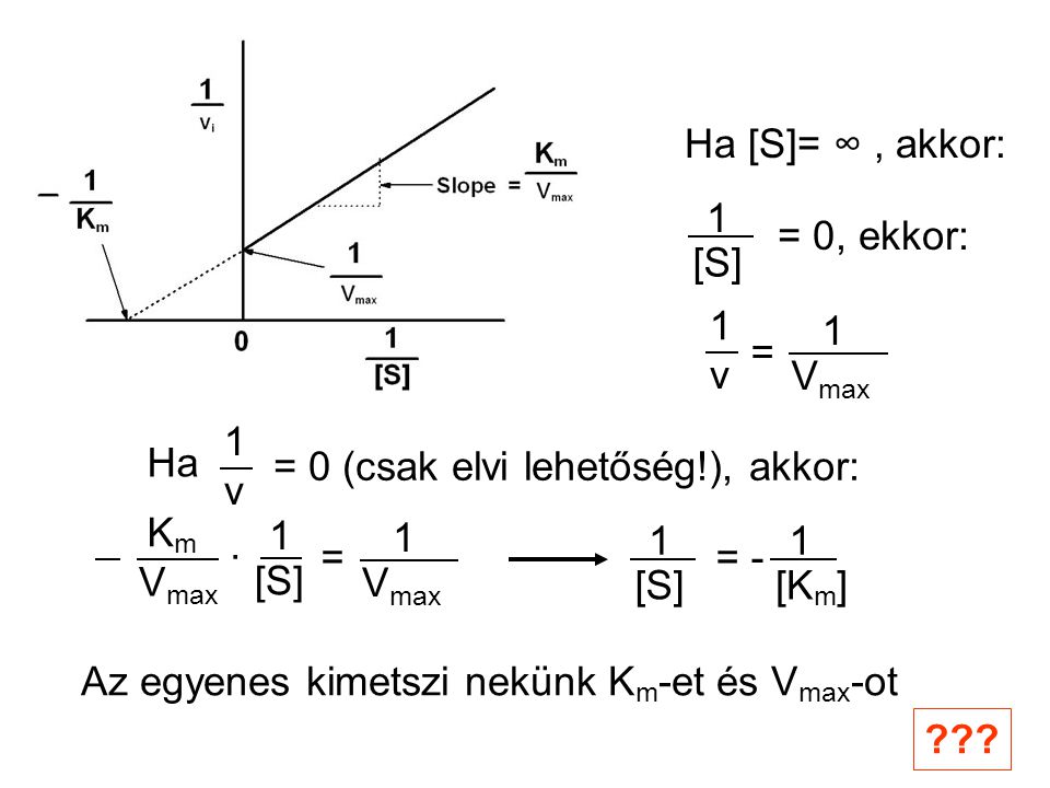 Ha [S]= ∞ , akkor: 1. [S] = 0, ekkor: Vmax. 1. v. = Ha. v. 1. = 0 (csak elvi lehetőség!), akkor: