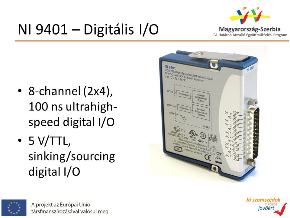 NI 9401 – Digitális I/O 8-channel (2x4), 100 ns ultrahigh-speed digital I/O.