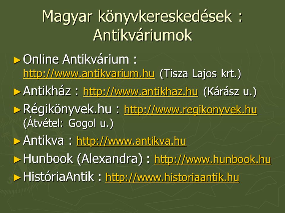 Magyar könyvkereskedések : Antikváriumok