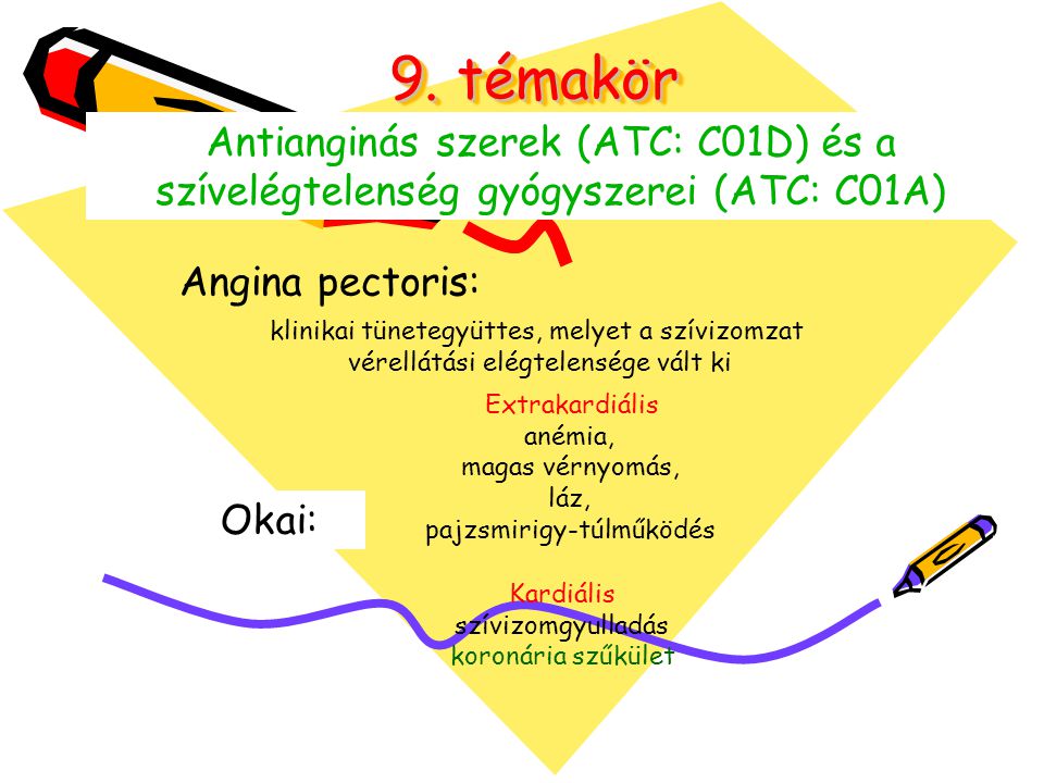 9. témakör Antianginás szerek (ATC: C01D) és a szívelégtelenség gyógyszerei (ATC: C01A) Angina pectoris: