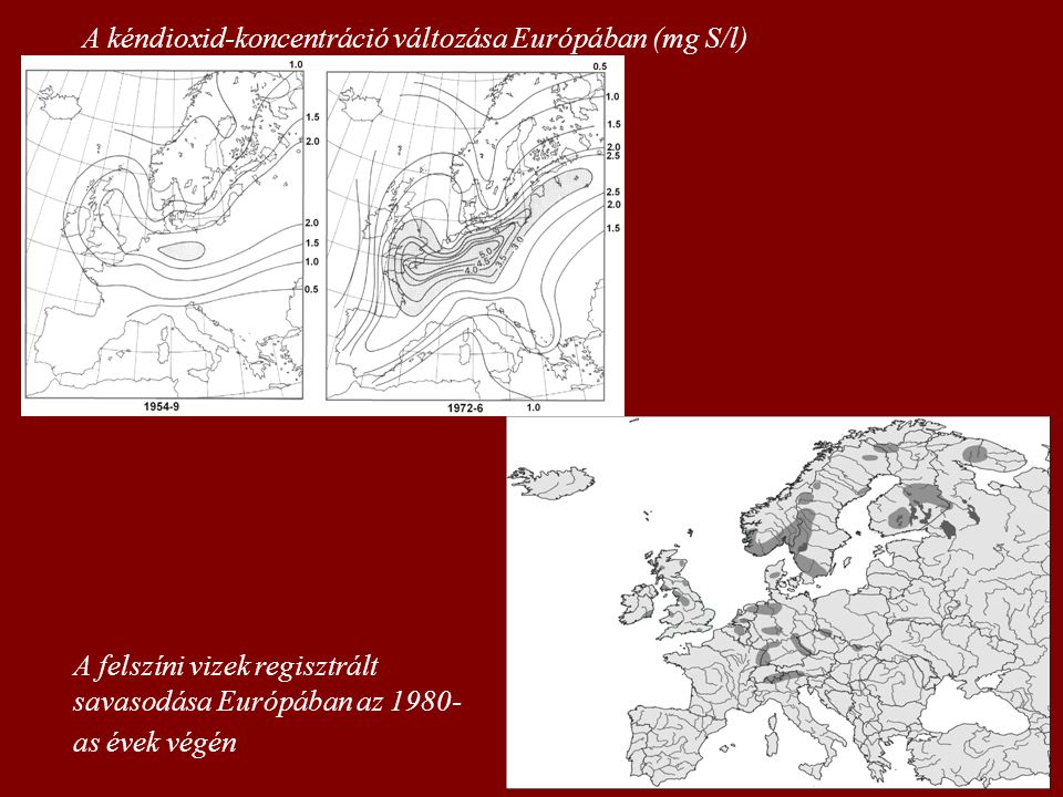 A kéndioxid-koncentráció változása Európában (mg S/l)