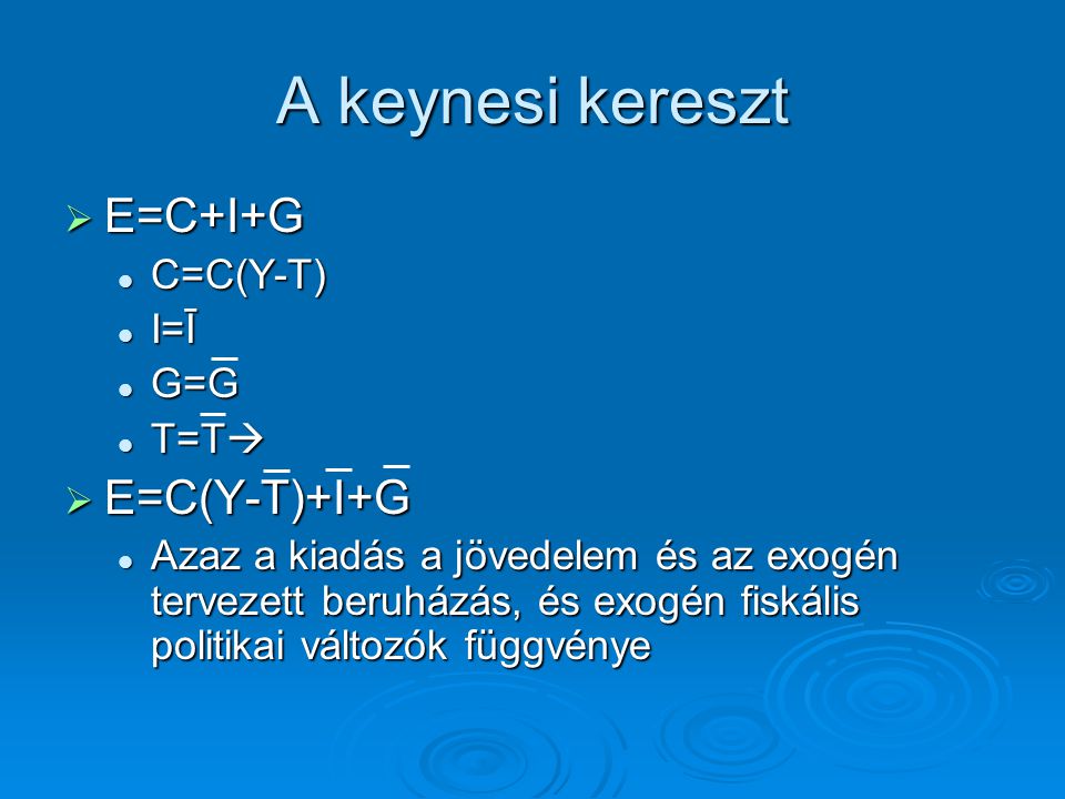 A keynesi kereszt E=C+I+G E=C(Y-T)+I+G C=C(Y-T) I=Ī G=G T=T