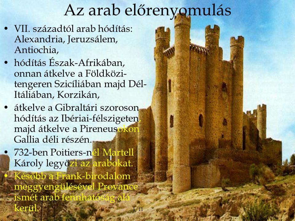 Az arab előrenyomulás VII. századtól arab hódítás: Alexandria, Jeruzsálem, Antiochia,