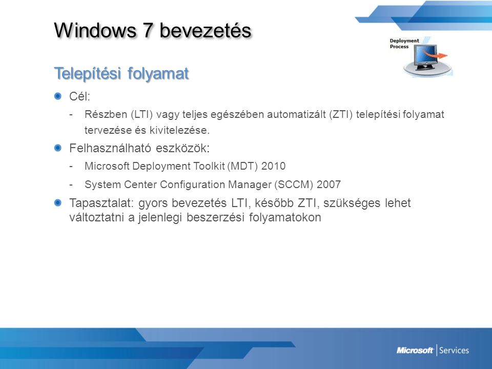 Windows 7 bevezetés Telepítési folyamat Cél: Felhasználható eszközök: