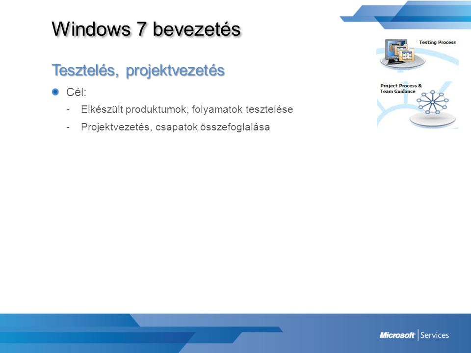 Windows 7 bevezetés Tesztelés, projektvezetés Cél: