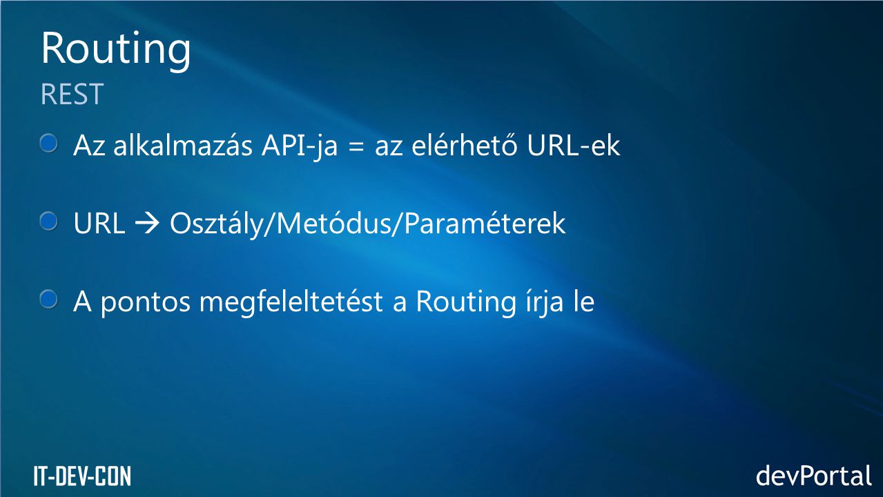 Routing REST Az alkalmazás API-ja = az elérhető URL-ek