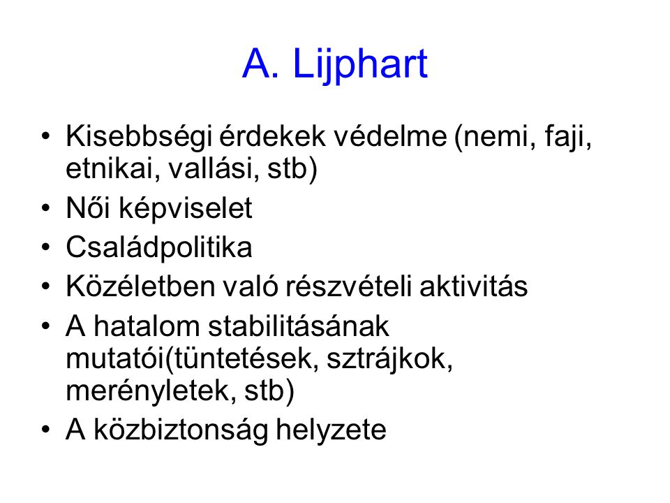 A. Lijphart Kisebbségi érdekek védelme (nemi, faji, etnikai, vallási, stb) Női képviselet. Családpolitika.