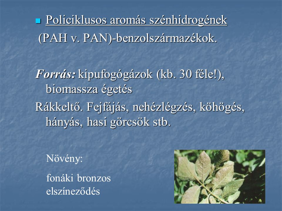 Policiklusos aromás szénhidrogének (PAH v. PAN)-benzolszármazékok.