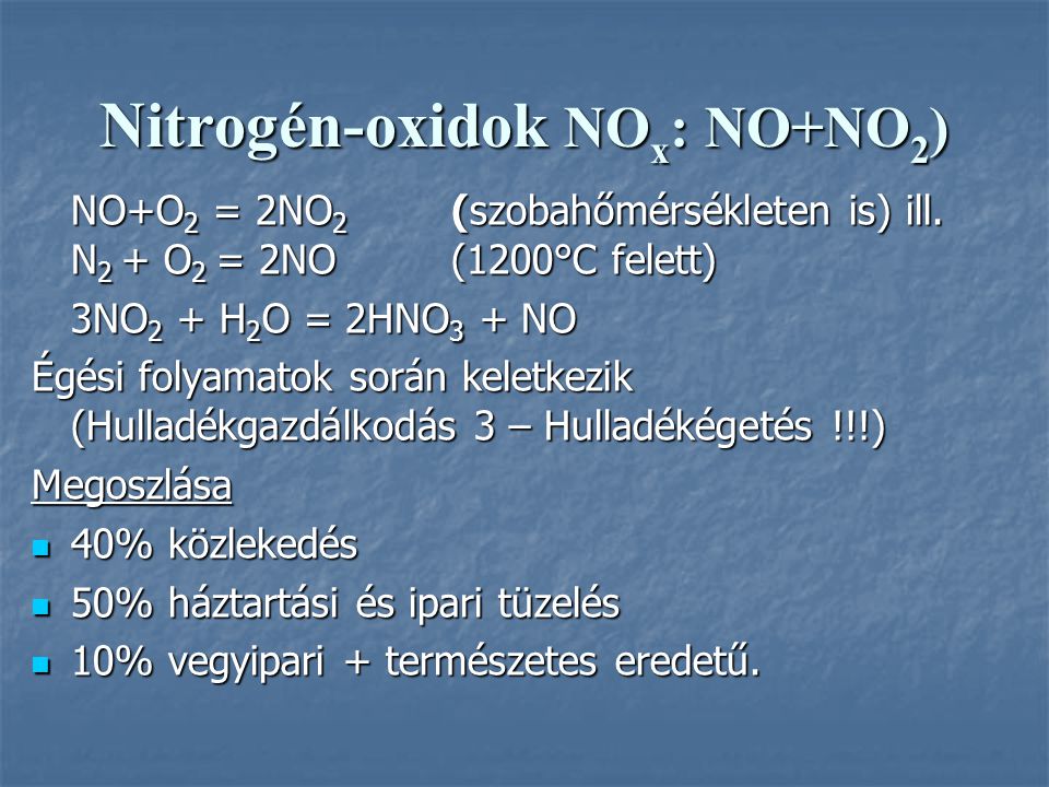 Nitrogén-oxidok NOx: NO+NO2)