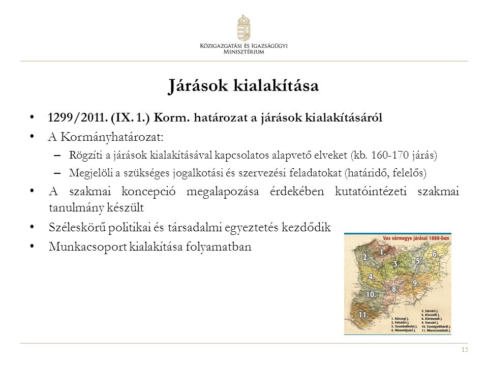 Járások kialakítása 1299/2011. (IX. 1.) Korm. határozat a járások kialakításáról. A Kormányhatározat: