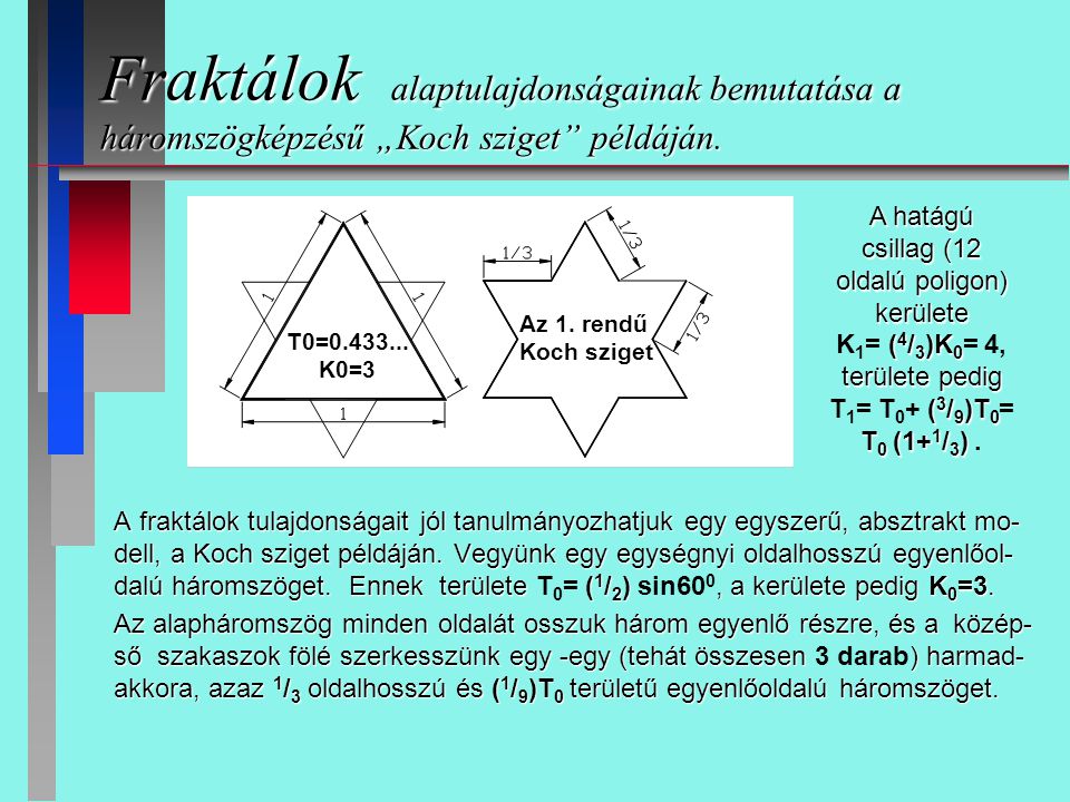 Fraktálok alaptulajdonságainak bemutatása a háromszögképzésű „Koch sziget példáján.