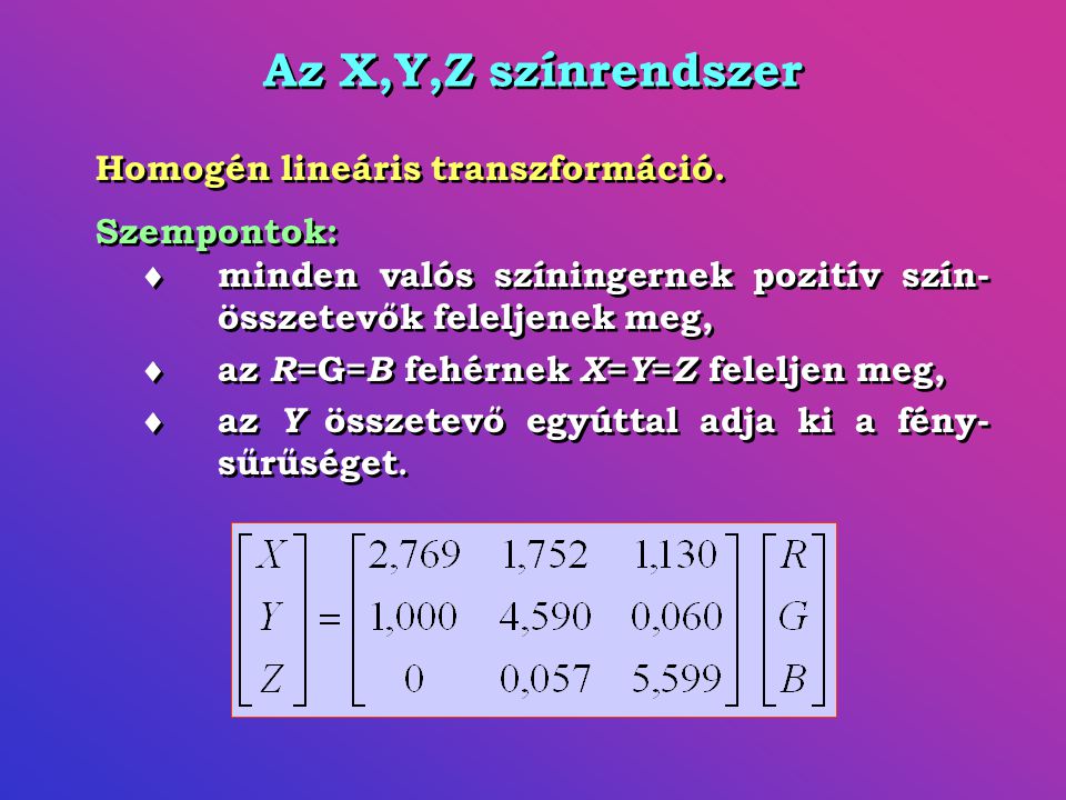Az X,Y,Z színrendszer Homogén lineáris transzformáció. Szempontok: