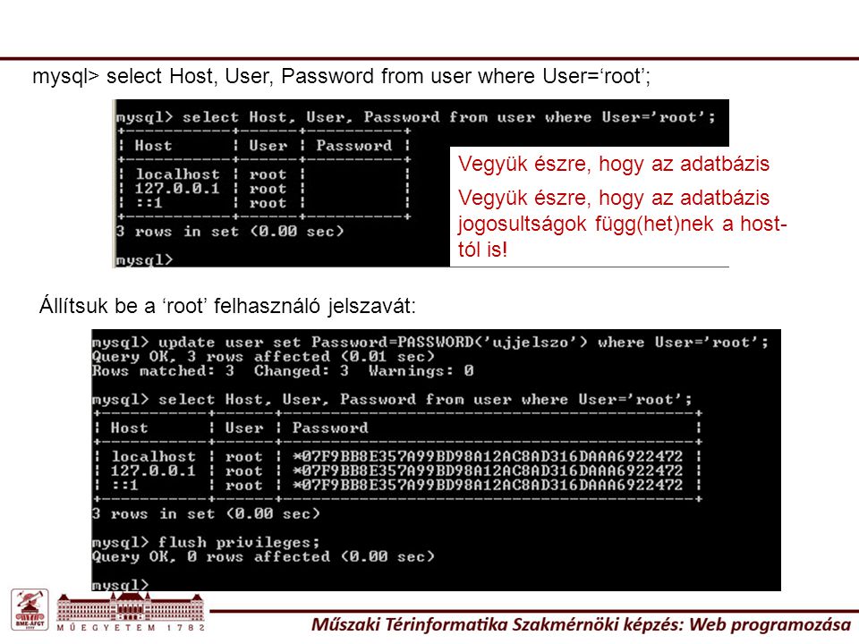 mysql> select Host, User, Password from user where User=‘root’;