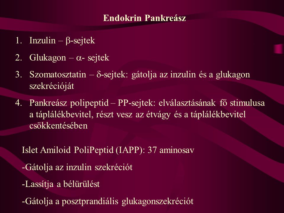 Endokrin Pankreász Inzulin – b-sejtek. Glukagon – a- sejtek. Szomatosztatin – d-sejtek: gátolja az inzulin és a glukagon szekrécióját.