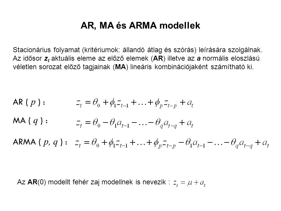 AR, MA és ARMA modellek AR ( p ) : MA ( q ) : ARMA ( p, q ) :