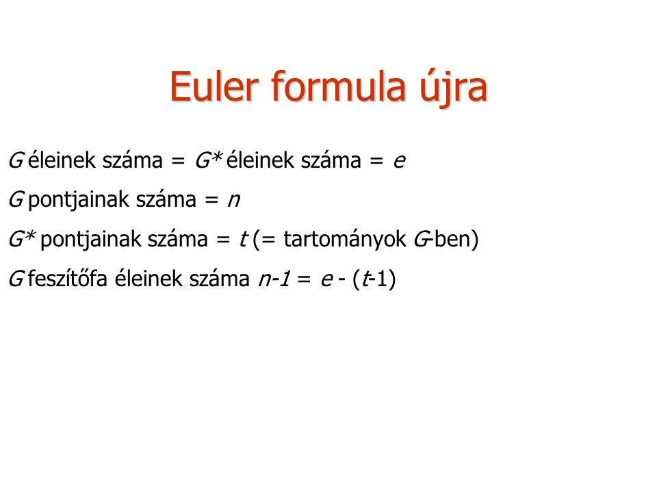 Euler formula újra G éleinek száma = G* éleinek száma = e