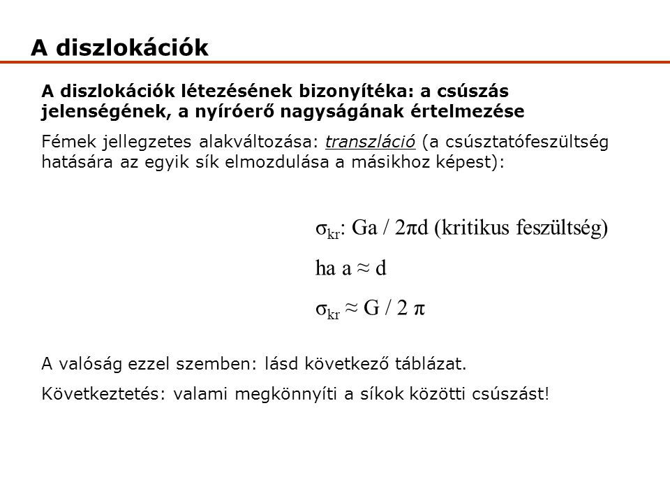 σkr: Ga / 2πd (kritikus feszültség) ha a ≈ d σkr ≈ G / 2 π