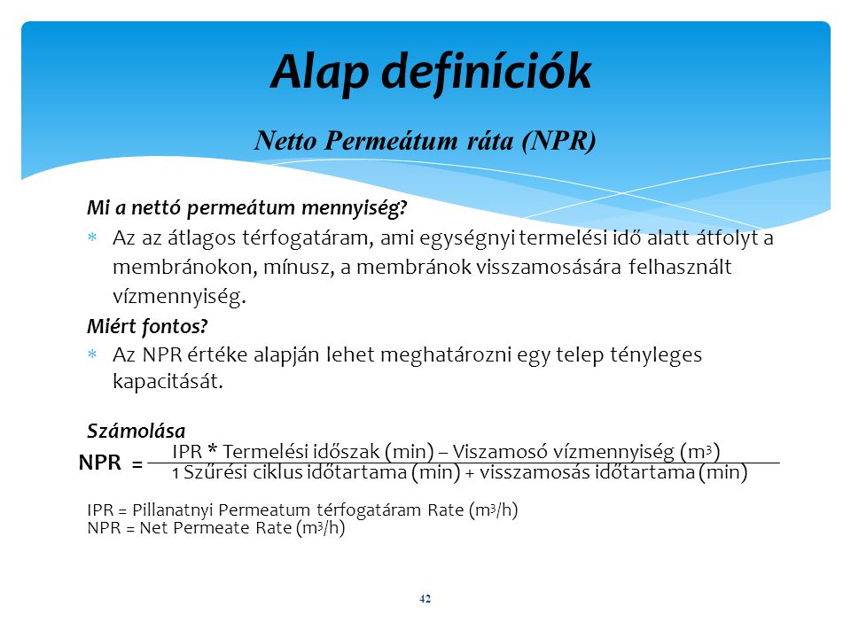 Alap definíciók Netto Permeátum ráta (NPR)