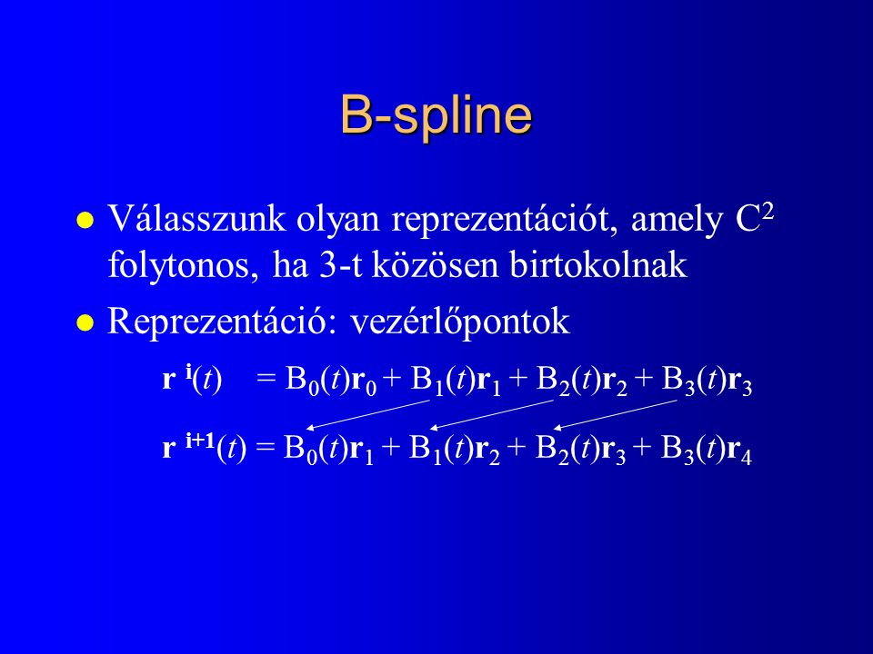 B-spline Válasszunk olyan reprezentációt, amely C2 folytonos, ha 3-t közösen birtokolnak. Reprezentáció: vezérlőpontok.