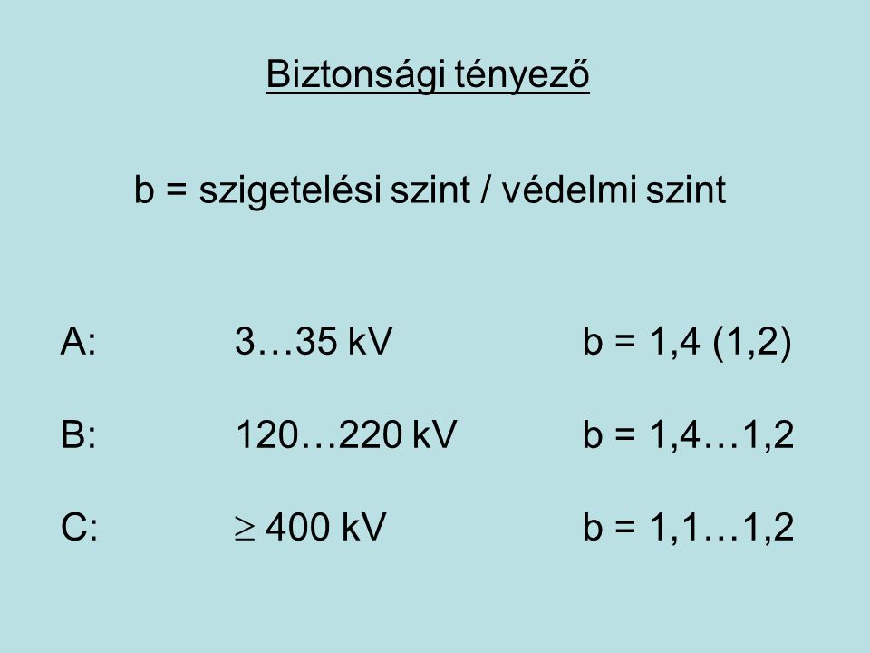 Biztonsági tényező b = szigetelési szint / védelmi szint. A: 3…35 kV b = 1,4 (1,2) B: 120…220 kV b = 1,4…1,2.